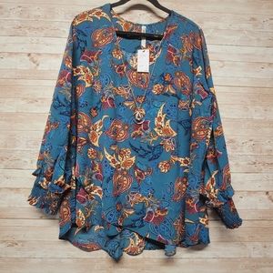 NY COLLECTION Womans dark blue paisley v-neck blouse